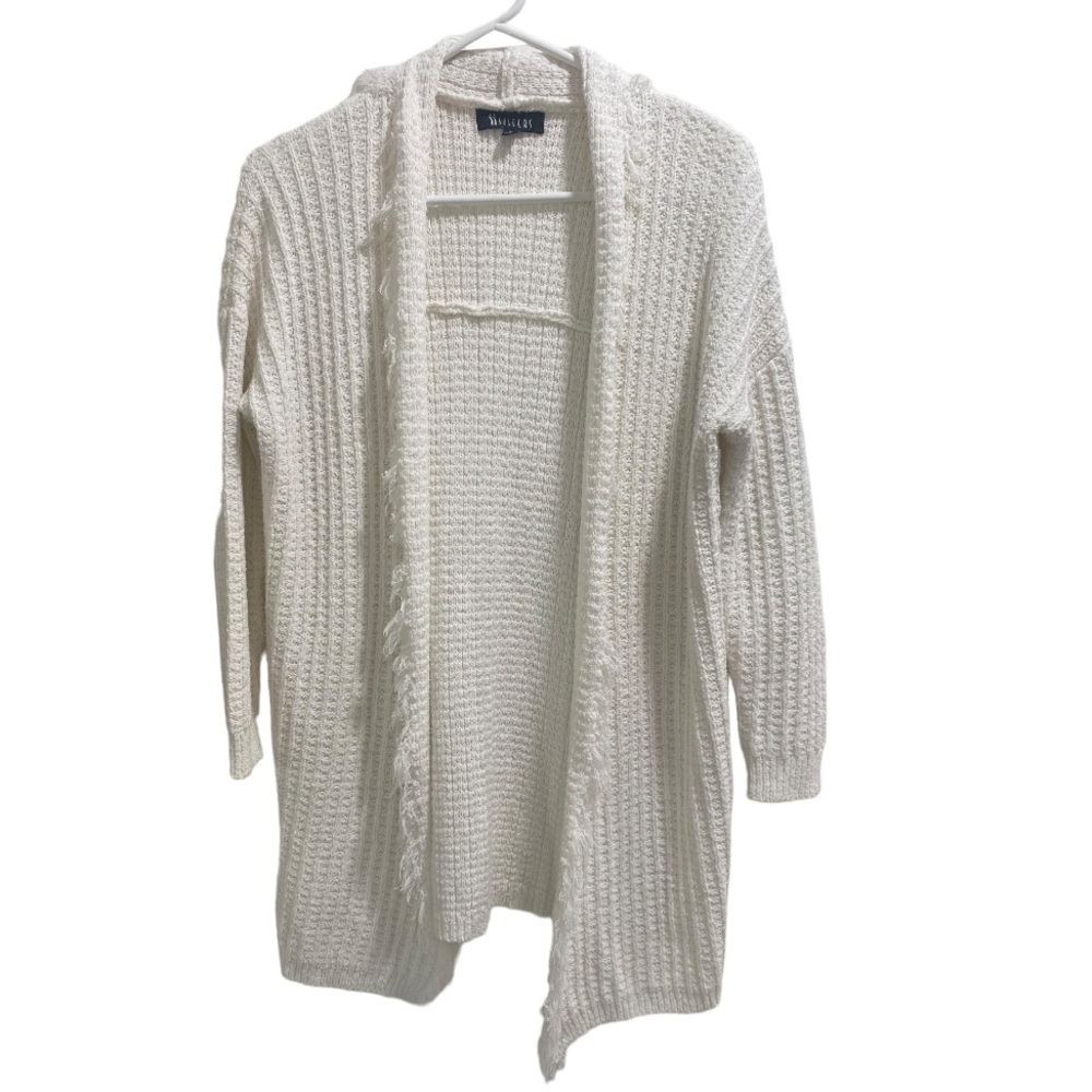 ii Sisters Women’s White Open Front Cardigan Fringed Collar to the Hem sz. Small
